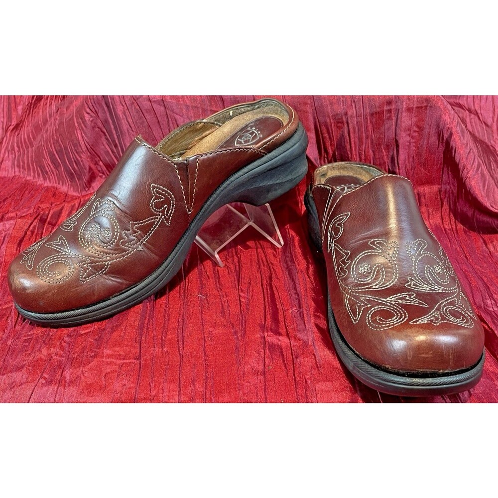 Womens Ariat Brown Tooled Floral Leather Clogs Mules Size 6.5B